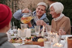 : Young woman socializing with an elderly woman
